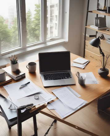 Modern office workspace with laptop and legal documents